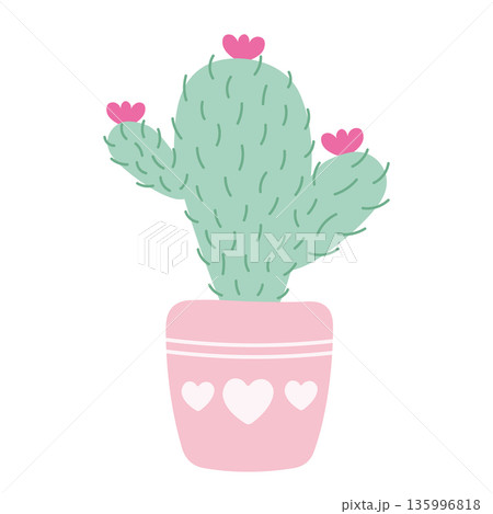 Sweet pastel cactus. Hand-drawn cute cactus in a pot in pastel colors, isolated on a transparent background. PNG and vector illustration 135996818