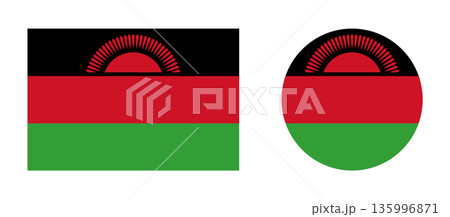 Flag of Republic Malawi. Malawi circle, rectangle flag. Flag of Malawi round, rectangular shape symbol, icon set. 135996871