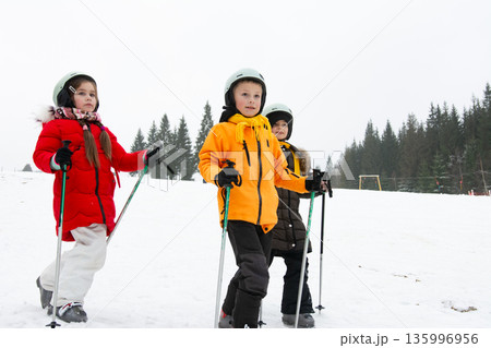 Joyful kids embarking on a snow adventure in a winter wonderland with trees in the background and cloudy skies above during a chilly afternoon 135996956