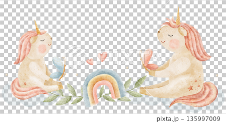 Unicorn mother baby, butterflies, rainbow, leaves, heart. Hand-drawn watercolor illustration in childish style. Template for greeting card design, holiday invitations, birthdays on isolated background Unicorn mother baby, butterflies, rainbow, leaves, heart. Hand-drawn watercolor illustration in childish style. Template for greeting card design, holiday invitations, birthdays on isolated background 135997009