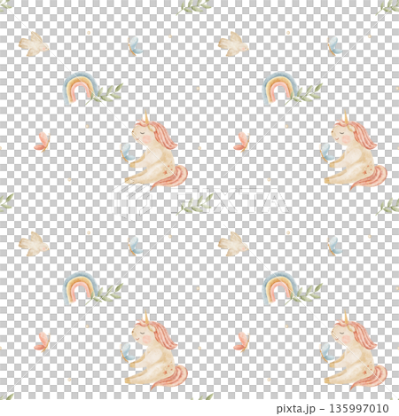 Unicorn with butterflies, rainbow, leaf sprig, bird. Watercolor pattern hand-drawn illustration in childish style. Seamless background for baby designs nursery prints clothing bedding fabric wallpaper Unicorn with butterflies, rainbow, leaf sprig, bird. Watercolor pattern hand-drawn illustration in childish style. Seamless background for baby designs nursery prints clothing bedding fabric wallpaper 135997010