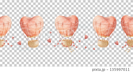 Watercolor border air hot balloons flying, pink heart. Hand-drawn illustration in childish style. Seamless banner isolated from background for nursery design, wallpapers, postcards invitations, decor Watercolor border air hot balloons flying, pink heart. Hand-drawn illustration in childish style. Seamless banner isolated from background for nursery design, wallpapers, postcards invitations, decor 135997011