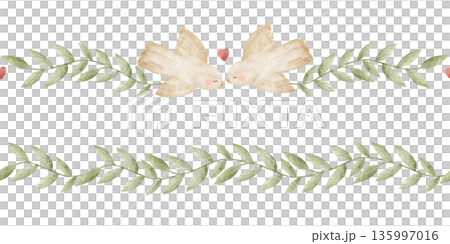 Watercolor border birds, green leaf branches. Hand-drawn illustration twig in childish wedding style. Seamless banner isolated from background for baby nursery designs, cards, holiday invitations love Watercolor border birds, green leaf branches. Hand-drawn illustration twig in childish wedding style. Seamless banner isolated from background for baby nursery designs, cards, holiday invitations love 135997016