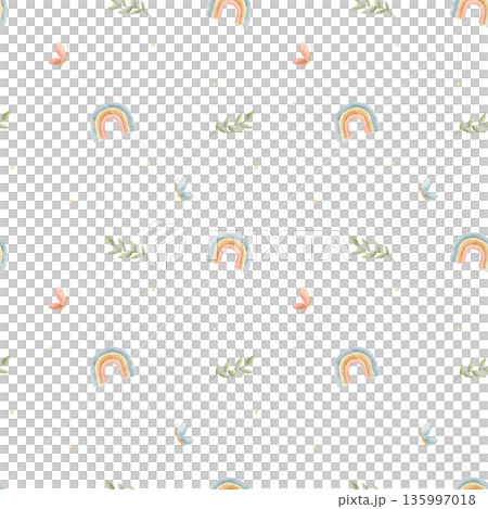 Butterflies flying among rainbow, green leaf watercolor pattern. Hand-drawn illustration in childish style. Seamless background for baby designs, nursery prints, clothing, bedding, fabric, wallpaper Butterflies flying among rainbow, green leaf watercolor pattern. Hand-drawn illustration in childish style. Seamless background for baby designs, nursery prints, clothing, bedding, fabric, wallpaper 135997018