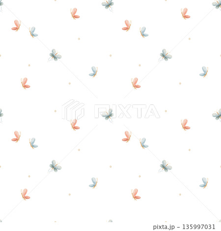 Watercolor pattern of butterflies flying pink blue colors. Hand-drawn illustration in cute childish style. Seamless background for baby designs, nursery prints, clothing, bedding, fabric, wallpaper Watercolor pattern of butterflies flying pink blue colors. Hand-drawn illustration in cute childish style. Seamless background for baby designs, nursery prints, clothing, bedding, fabric, wallpaper 135997031