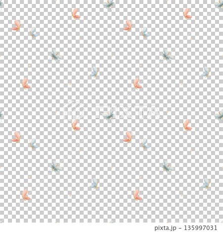 Watercolor pattern of butterflies flying pink blue colors. Hand-drawn illustration in cute childish style. Seamless background for baby designs, nursery prints, clothing, bedding, fabric, wallpaper 135997031