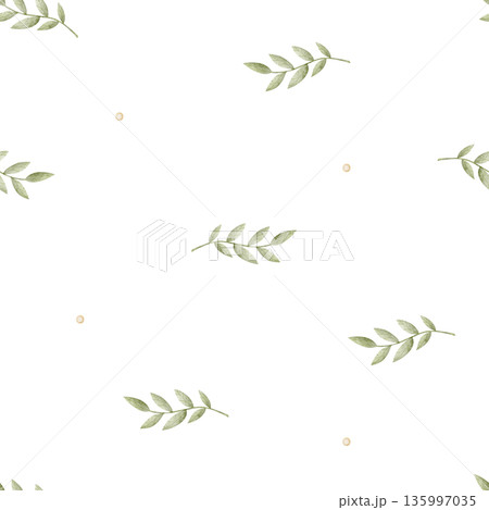 Green leaf branches watercolor pattern. Hand-drawn illustration in cute childish style. Seamless background simple chaotic pastel colors for baby nursery prints, clothing, bedding, fabric, wallpaper 135997035
