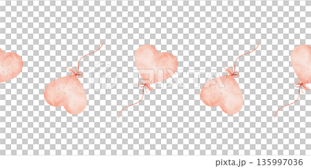 Watercolor border art balloons party, heart shaped. Hand-drawn illustration in childish style. Seamless pink banner, isolated from background, for baby nursery designs, wallpapers, cards, invitations 135997036