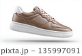 Brown sneaker with white sole shown from side view in neutral background 135997091