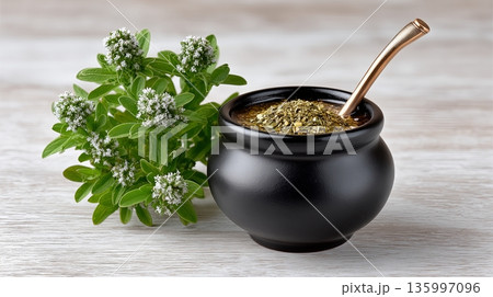 Mate tea sits in a black gourd next to fresh mint leaves on a wooden table 135997096