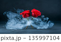Bright scarlet roses emit fragrant smoke while studio remains filled with misty vapor and dim light 135997104