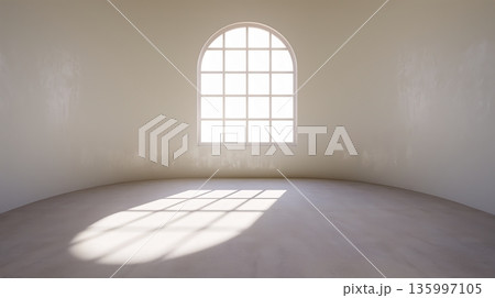 Soothing glow from curved window illuminates minimal room for relaxation and art display 135997105