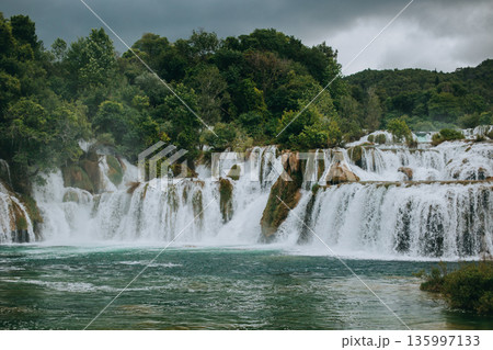 Amazing waterfalls in a natural park Krka, Croatia. Travel destination in Croatia. 135997133