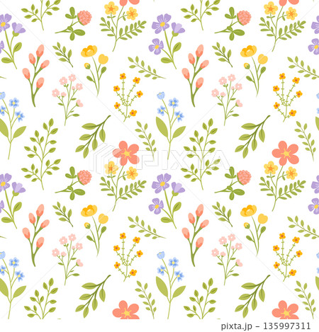 Floral Pattern with Spring Botanical Leaf and Plant Seamless Vector Illustration 135997311