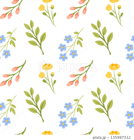 Spring Botanical Floral Seamless Pattern with Flower and Leaf Vector Illustration 135997312