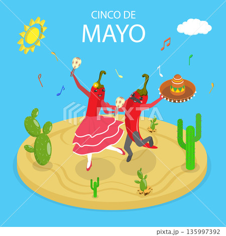 3D Isometric Flat Vector Illustration of Cinco De Mayo Celebration, Cartoon-style, With Cactus, Sombrero, And Guitar For Poster 3D Isometric Flat Vector Illustration of Cinco De Mayo Celebration, Cartoon-style, With Cactus, Sombrero, And Guitar For Poster 135997392