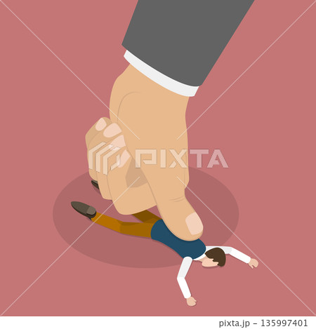 3D Isometric Flat Vector Illustration of Forced Labor, Visual Representation Of Man Being Pressed Down By Enormous Thumb. 135997401