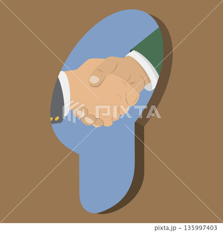 3D Isometric Flat Vector Illustration of Backroom Deal, Two Businessmen Shaking Hands Through A Keyhole 135997403