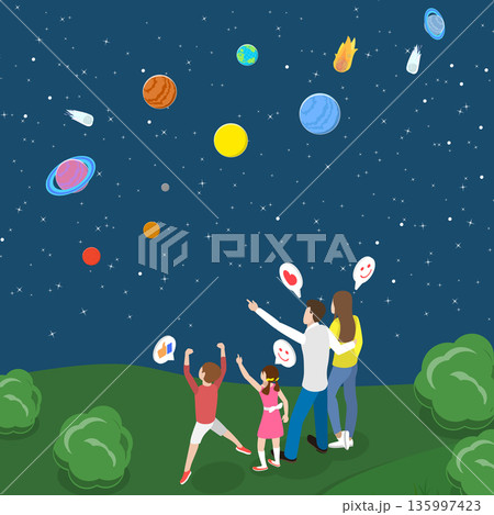 3D Isometric Flat Vector Illustration of Happy Family, Gazing At Twinkling Night Sky While Intertwined. 135997423