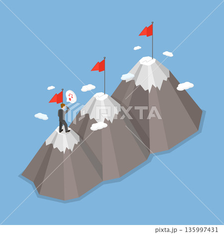 3D Isometric Flat Vector Illustration of Career Journey, Motivated Businessman Climbs Mountain Peak To Achieve Higher Targets And Success. 135997431