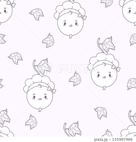 Outline Cute Blackcurrant Chef Girl Character Seamless Pattern. Funny Berry Mascot on Light Background with Leaves. Line Drawing, Coloring. Vector illustration. . Kids collection Outline Cute Blackcurrant Chef Girl Character Seamless Pattern. Funny Berry Mascot on Light Background with Leaves. Line Drawing, Coloring. Vector illustration. . Kids collection 135997466