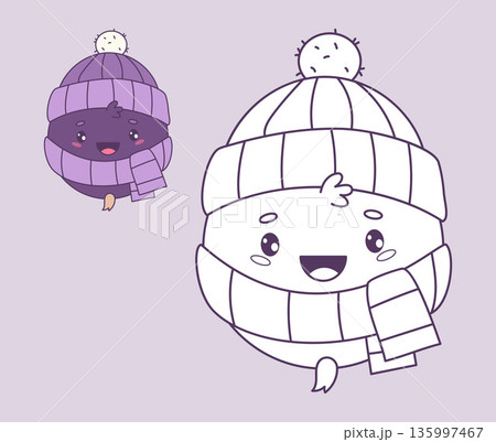 Cute Winter Blackcurrant Character. Coloring Page. Isolated Color and Outline Cartoon Joyful Berry Currant mascot with Hat and Scarf. Vector illustration. Kids Collection Cute Winter Blackcurrant Character. Coloring Page. Isolated Color and Outline Cartoon Joyful Berry Currant mascot with Hat and Scarf. Vector illustration. Kids Collection 135997467