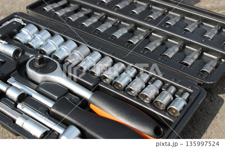 Detailed View Of Hand Tools In Plastic Box Stock Photo   135997524