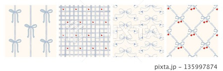Seamless hand-drawn patterns with delicate blue bows, ribbons, cherries and soft checkered textures. Whimsical pastel coquette style, perfect for packaging, stationery, textiles and romantic branding. 135997874