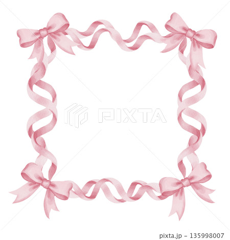 Elegant watercolor frame of pink satin bows and ribbons with central text space on white background, template for wedding invitations, Valentine's cards, and holiday announcements 135998007