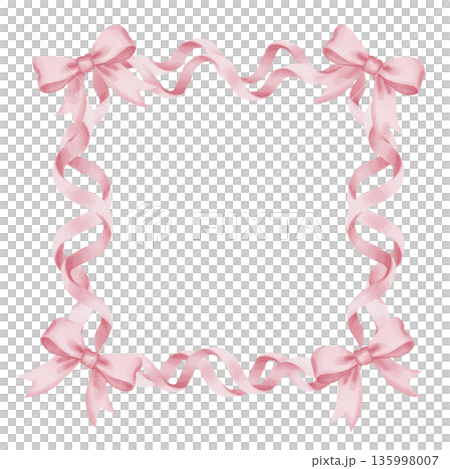 Elegant watercolor frame of pink satin bows and ribbons with central text space on white background, template for wedding invitations, Valentine's cards, and holiday announcements Elegant watercolor frame of pink satin bows and ribbons with central text space on white background, template for wedding invitations, Valentine's cards, and holiday announcements 135998007