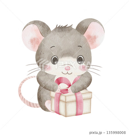 Cute illustration of gray watercolor mouse preparing gift box with red bow, isolated on white background, for holiday cards, children's stories, baby shower and party invitations 135998008