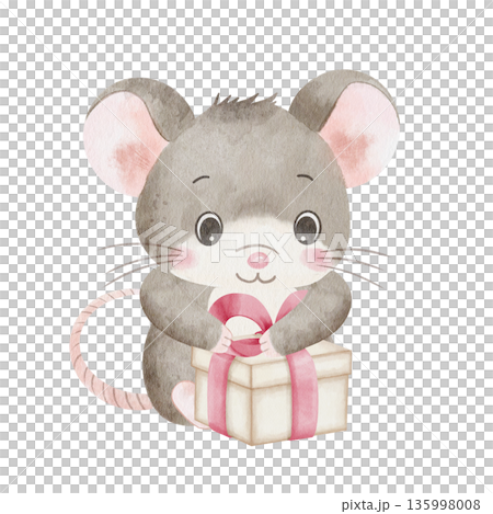 Cute illustration of gray watercolor mouse preparing gift box with red bow, isolated on white background, for holiday cards, children's stories, baby shower and party invitations 135998008