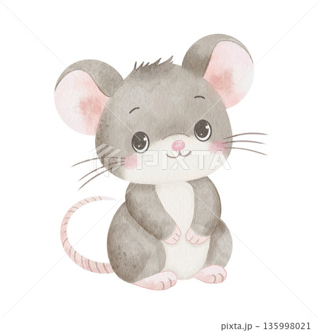 Cute gray mouse with big eyes, hand-drawn watercolor illustration, isolated on white background. Perfect for children's book art, invitations, and nursery decor Cute gray mouse with big eyes, hand-drawn watercolor illustration, isolated on white background. Perfect for children's book art, invitations, and nursery decor 135998021