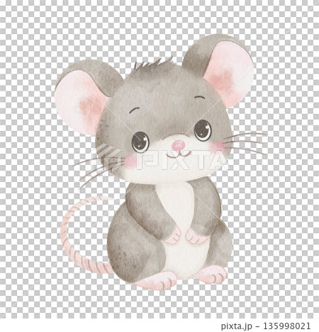 Cute gray mouse with big eyes, hand-drawn watercolor illustration, isolated on white background. Perfect for children's book art, invitations, and nursery decor Cute gray mouse with big eyes, hand-drawn watercolor illustration, isolated on white background. Perfect for children's book art, invitations, and nursery decor 135998021