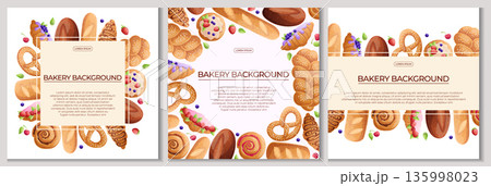 A set of colorful backgrounds with delicious pastries on a white background. The concept of confectionery, baking, cooking. Vector illustration for the design of poster, flyer, postcard, invitation A set of colorful backgrounds with delicious pastries on a white background. The concept of confectionery, baking, cooking. Vector illustration for the design of poster, flyer, postcard, invitation 135998023