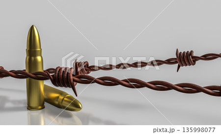 Bullets Trapped in Barbed Wire Concept of Conflict and Restriction 3d render. 135998077