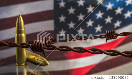Golden Bullets and Barbed Wire Over United States Flag Concept 3d render. 135998082