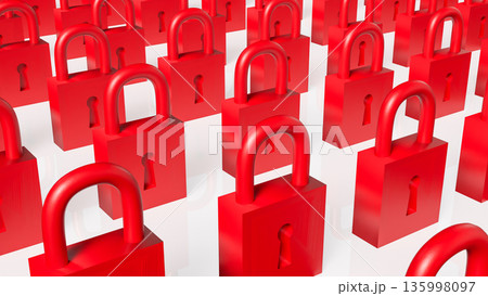 Rows of Red Padlocks Symbolizing Security and Restricted Access Concept 3d render. 135998097