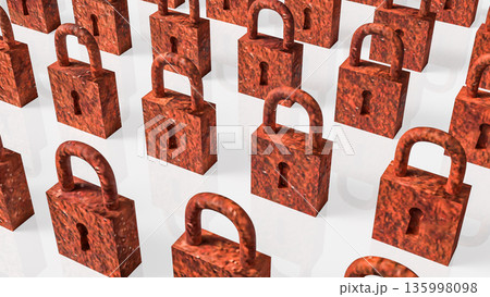 Rows of Rusty Padlocks Representing Old Security and Restriction Concept 3d render. Rows of Rusty Padlocks Representing Old Security and Restriction Concept 3d render. 135998098