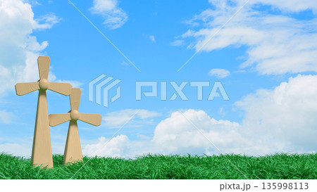 Wooden Wind Turbines in Green Field Under Blue Sky Concept 3d render. 135998113