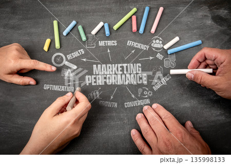 Marketing Performance. Illustrated Table with Icons and Keywords on a Blackboard Background Marketing Performance. Illustrated Table with Icons and Keywords on a Blackboard Background 135998133