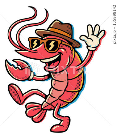 Dancing shrimp. Vector retro cartoon illustration isolated on white background Dancing shrimp. Vector retro cartoon illustration isolated on white background 135998142