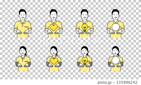 一組男女雙手扶持圖案的插圖，包括心形、燈泡、圓形等元素，簡潔的向量圖。 135998242