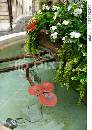 2022年8月15日 スイス・ジュネーブ旧市街 小さな噴水と花のある街角 135998300