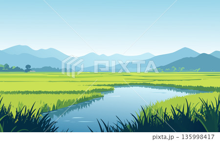 田んぼと山のある風景 135998417