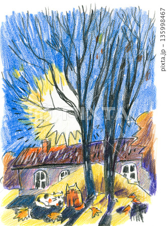 Autumn scene with cats and houses hand drawn illustration 135998467