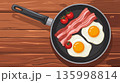 Breakfast meal with bacon, eggs, and tomatoes in a frying pan on wooden table 135998814