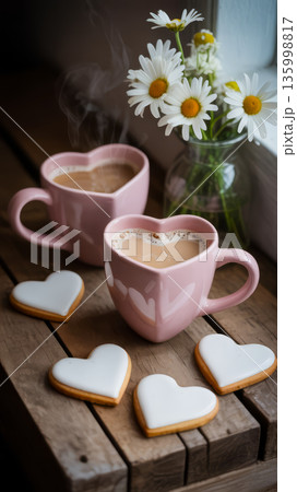 Warm coffee in heart-shaped cups with cookies and flowers on a wooden table during a cozy afternoon 135998817
