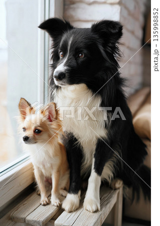 窓辺で外を見つめる2匹の犬 窓辺で外を見つめる2匹の犬 135998852