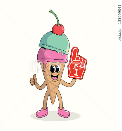 colorful ice cream foam finger groovy cartoon illustration 135999041